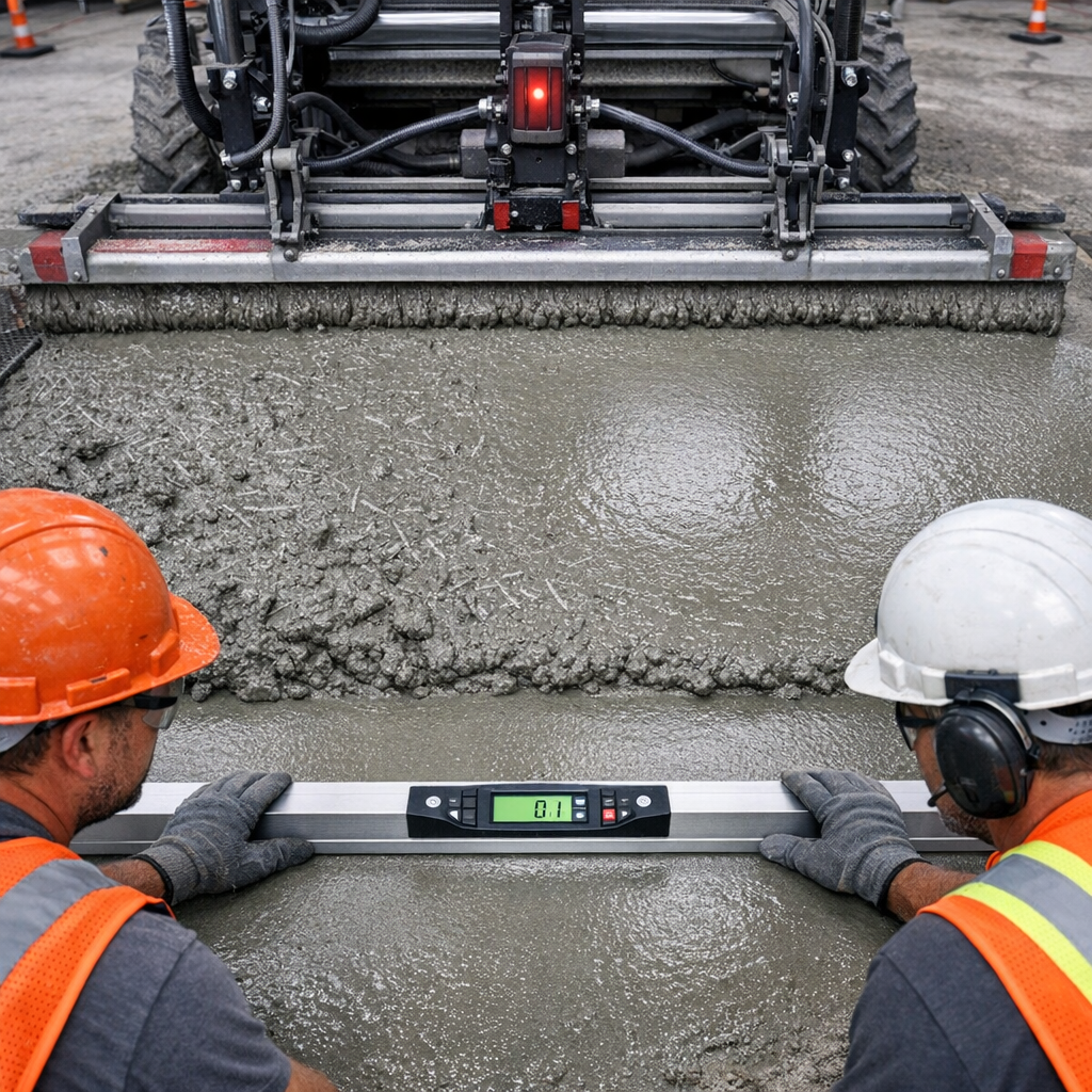 Photorealistic mid‑article image showing close‑up overhead of slab being laser‑screeded, visible fiber reinforcement in mi...
