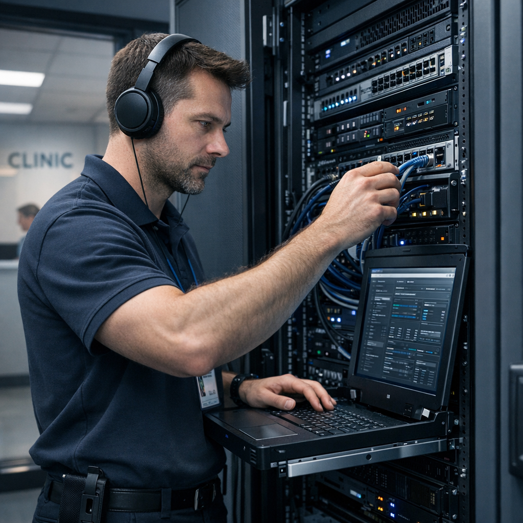 Network System Solutions | hipaa compliant it support arizona: Secure Healthcare IT Services Photorealistic mid-content image of an IT technician configuring a secure server rack in a clean server room adjacent to a...