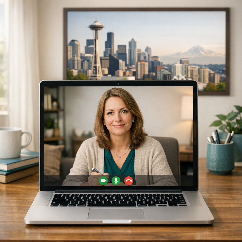 A photorealistic mid-shot of a licensed therapist on a laptop screen in a cozy home office, with a Seattle skyline photo o...