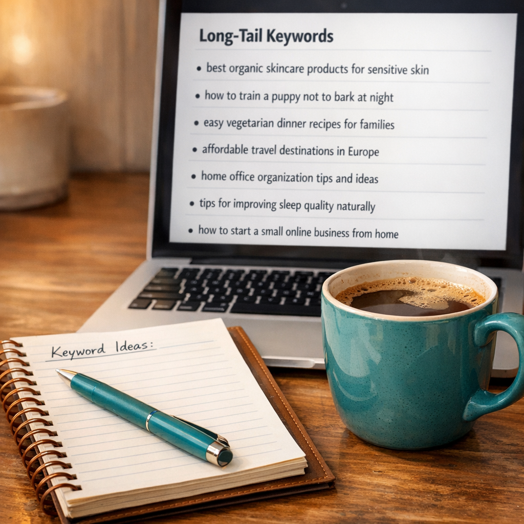 Close-up photorealistic scene of a notebook, coffee cup, and a laptop screen showing a list of long-tail keywords. Soft na...