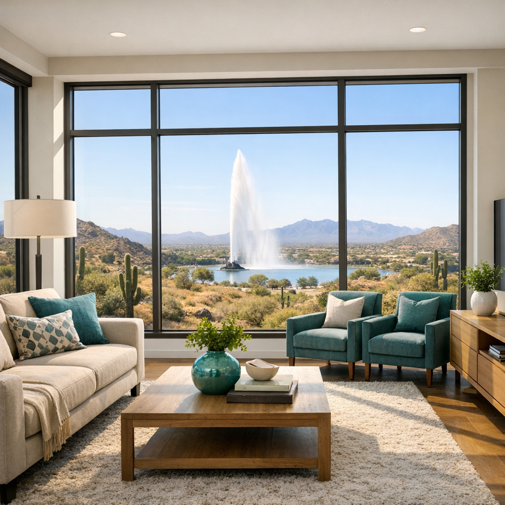 Photorealistic mid-shot of a modern living room with large windows framing desert views and the Fountain Hills fountain in...