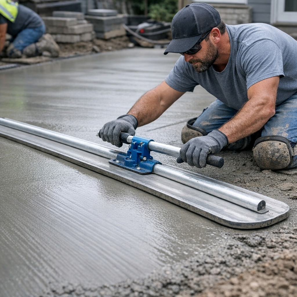 Photorealistic mid-shot of a professional concrete crew finishing a patio, close-up on worker using a bull float and showi...