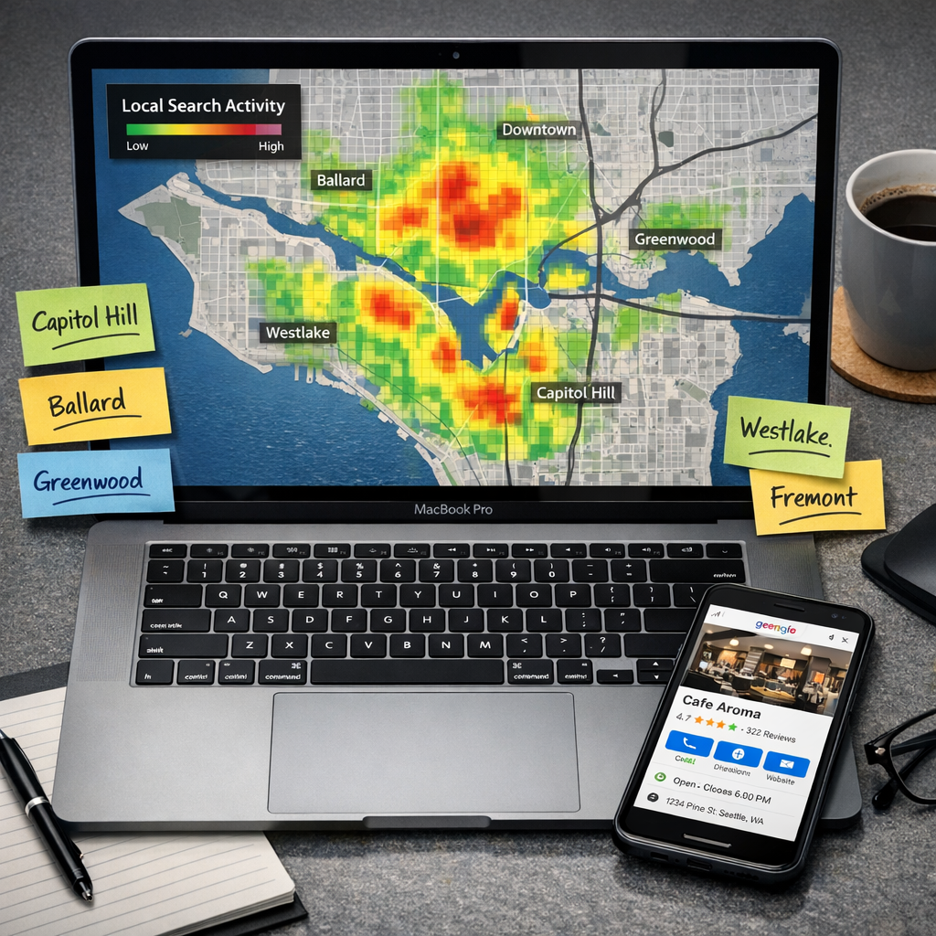 Photorealistic close-up of a marketer’s desk showing a laptop with a heatmap of local search activity, sticky notes with n...