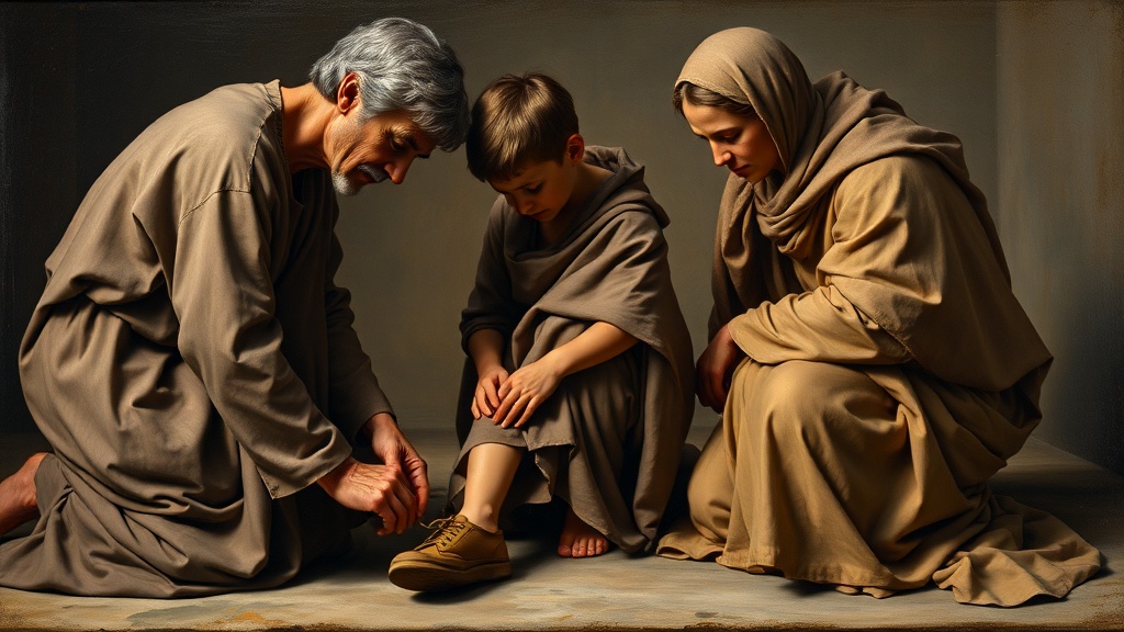 Contemplative adoption scene in da Vinci style