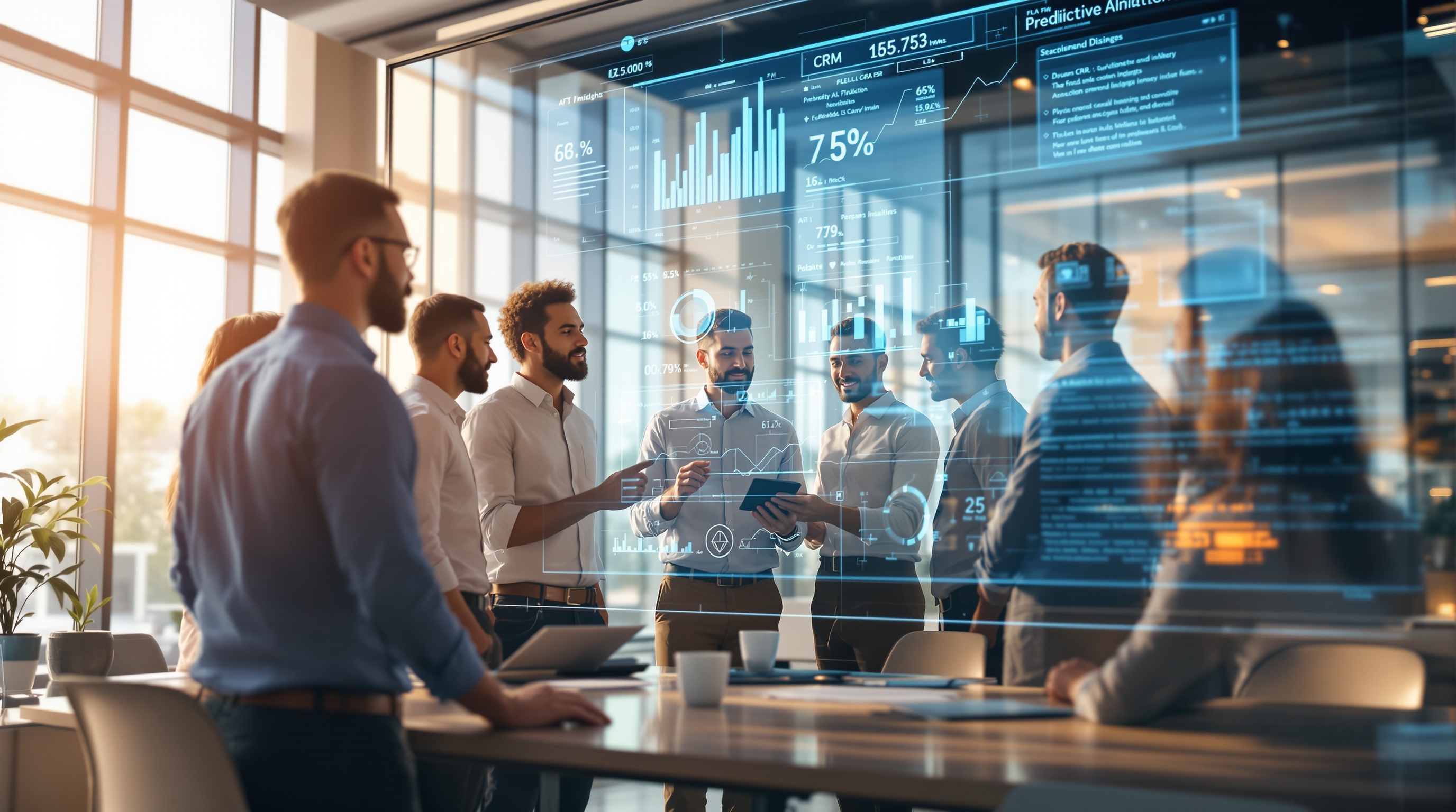 Modern sales team collaborating around a digital dashboard with predictive analytics and AI insights