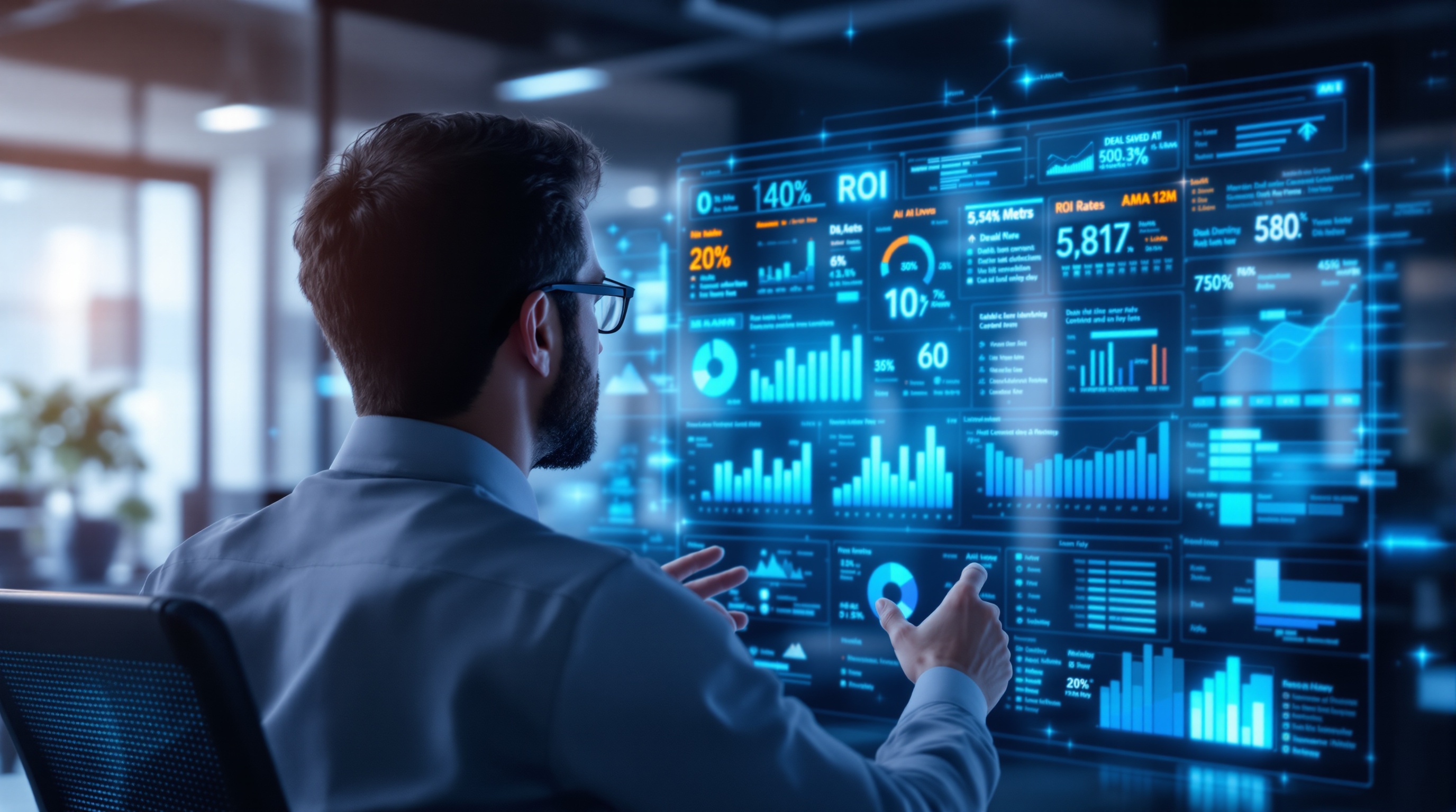 Sales operations manager analyzing an AI-powered dashboard displaying ROI metrics, win rates, and deal growth