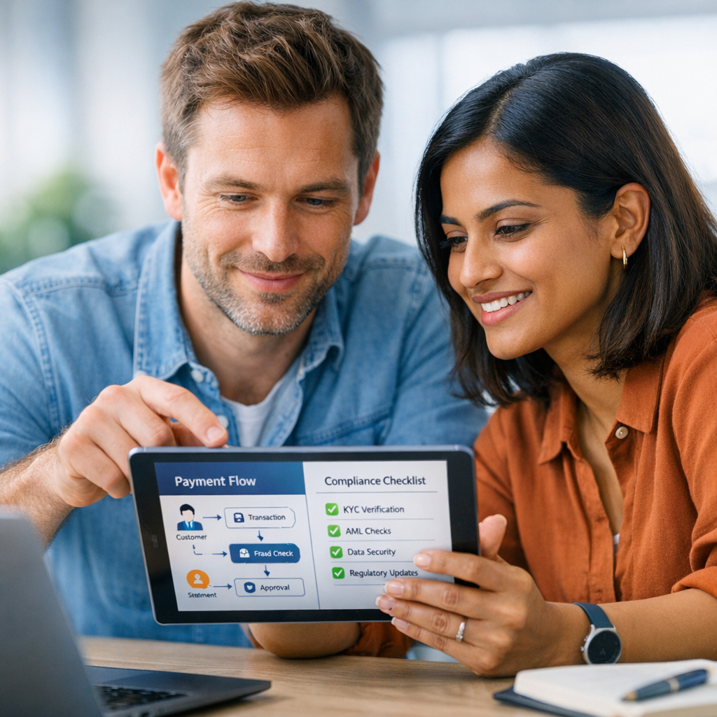 Photorealistic close-up of a fintech team in a bright office, two founders reviewing a tablet showing payment flows and co...