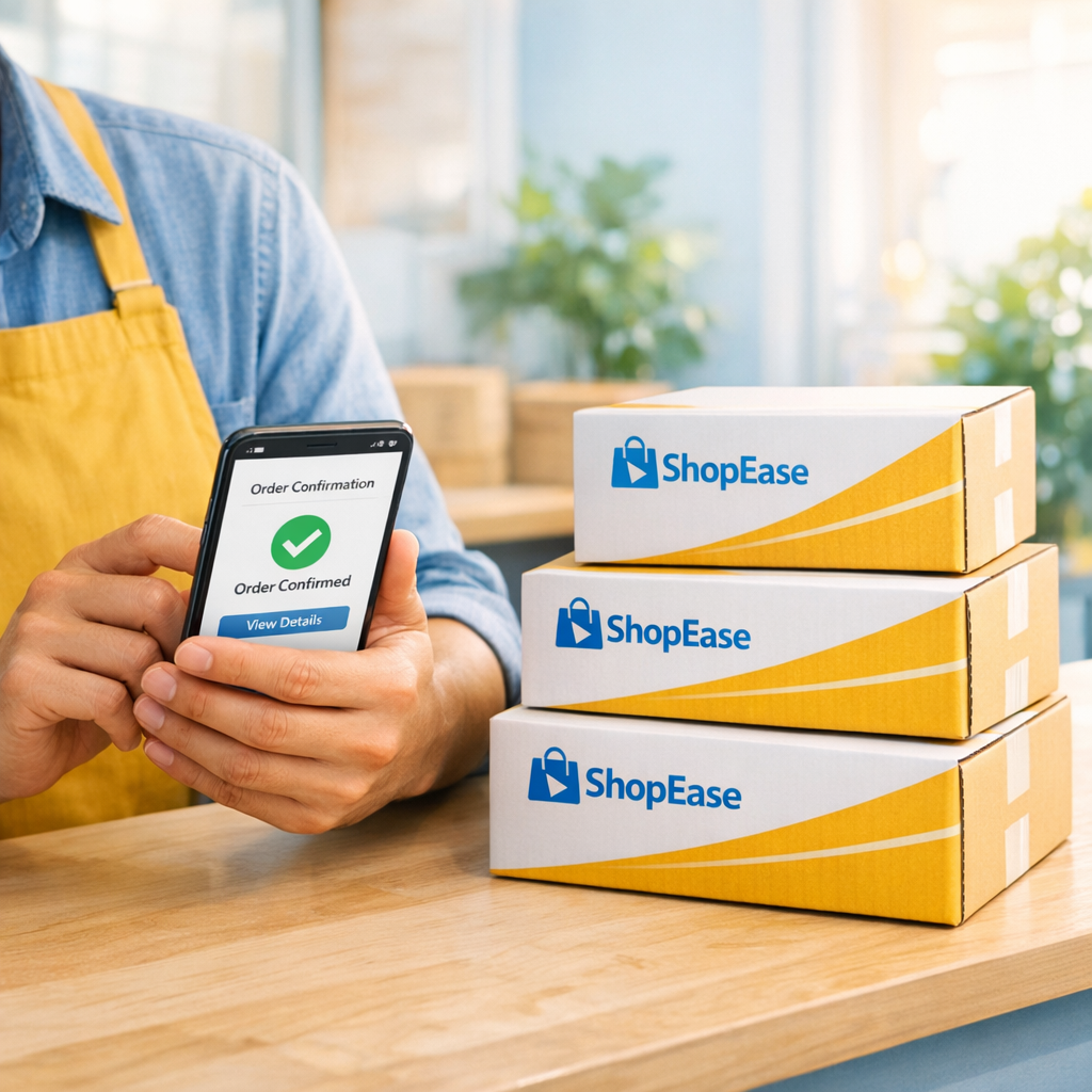 Close-up photorealistic shot of a merchant using a smartphone to confirm an order while a small stack of branded parcels s...