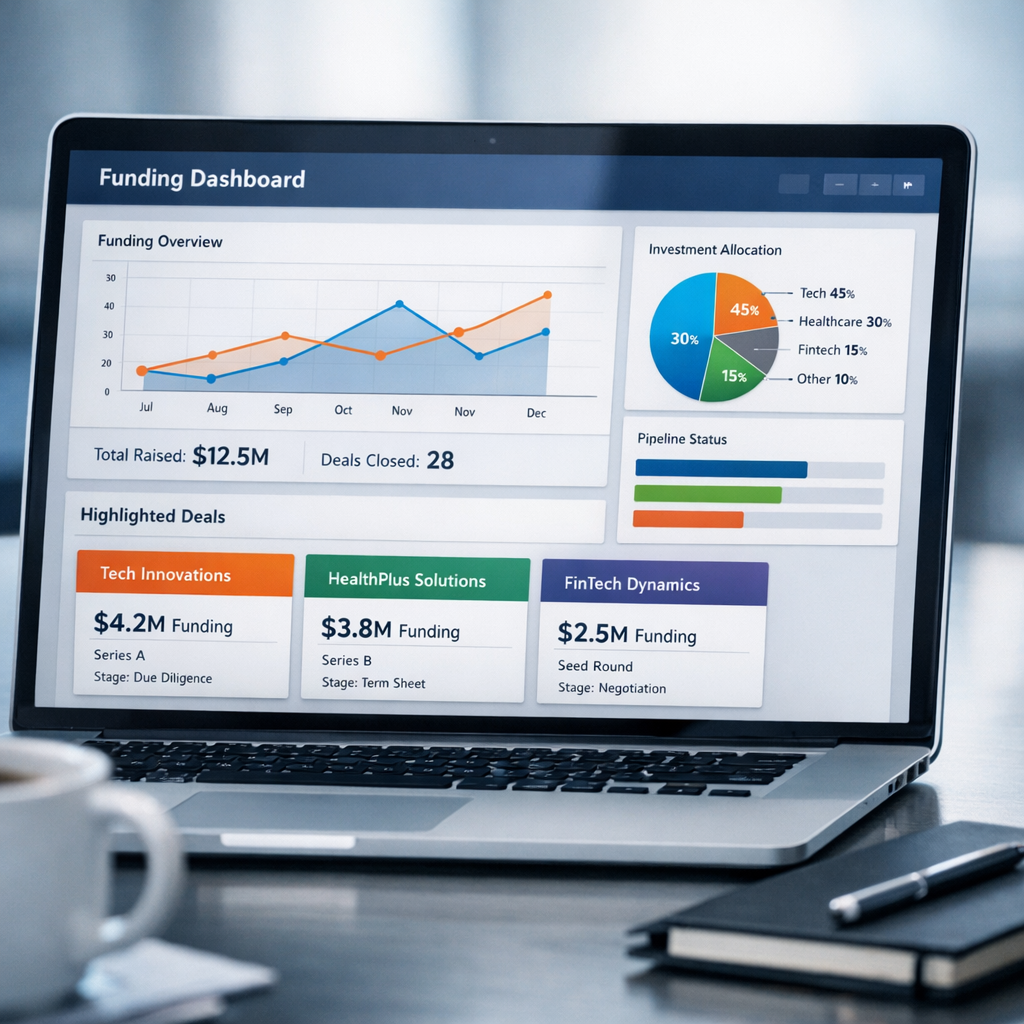 A clean, photorealistic mid-article image of a laptop screen showing a funding dashboard with charts and highlighted deal ...