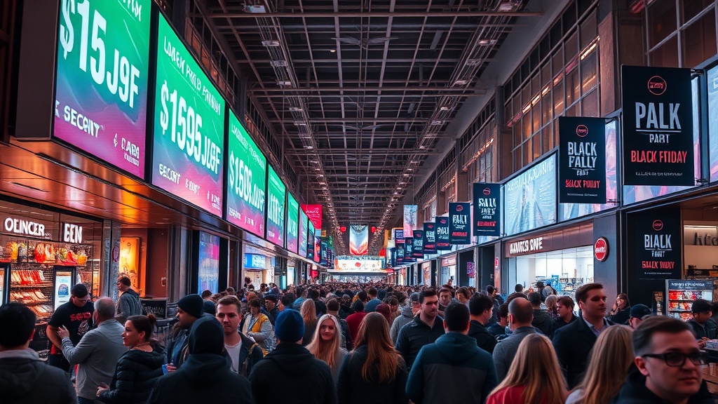 High‑resolution photograph of a bustling retail environment with digital screens displaying dynamic pricing, evening lighting, and a diverse crowd of shoppers, capturing the energy of a Black Friday event.