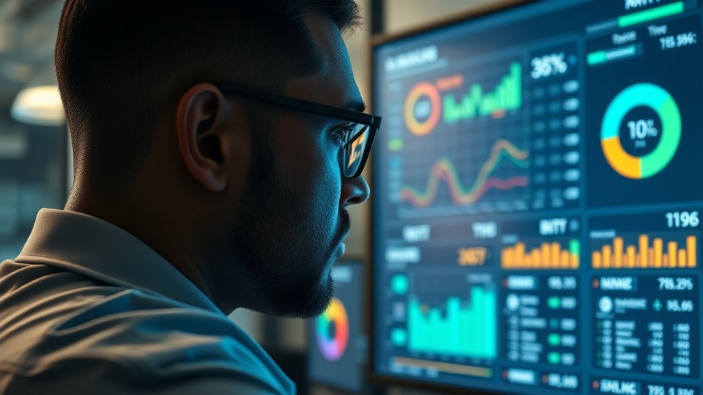 Professional close‑up of a data analyst reviewing a dashboard on a large screen, with a focus on real‑time sales metrics, soft studio lighting, and a modern office backdrop.