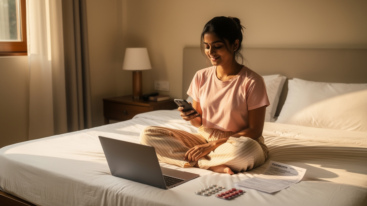 Woman ordering medicines online from home