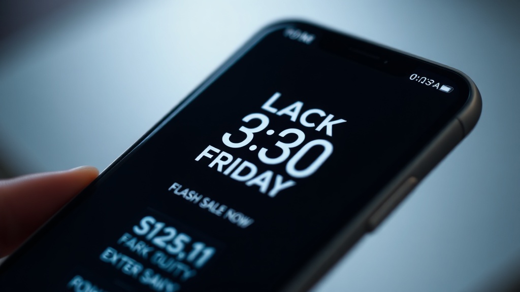 Close‑up of a smartphone screen displaying a countdown timer to a Black Friday flash sale