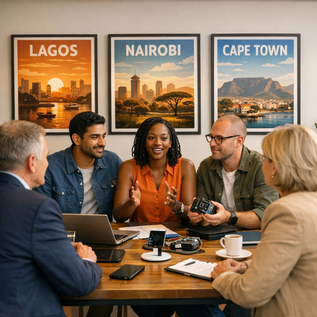 In-content photorealistic scene of a co-working space with three framed posters on the wall each labeled Lagos, Nairobi, C...