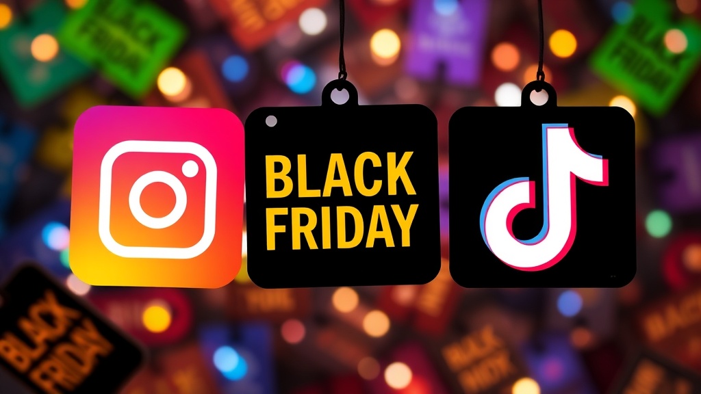 A collage of Instagram, Facebook, and TikTok logos overlaid on a background of glowing discount tags, illustrating the multi‑platform approach to Black Friday marketing