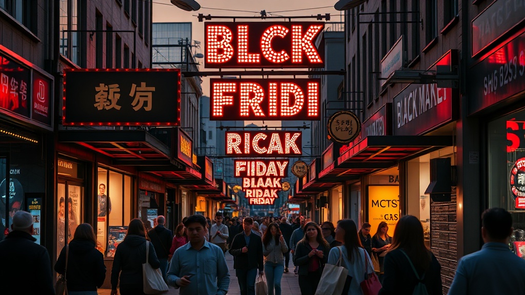 A bustling street market scene at dusk, neon signs flashing “BLACK FRIDAY” in bold, vibrant typography, with shoppers carrying shopping bags, capturing the energy and urgency of the day