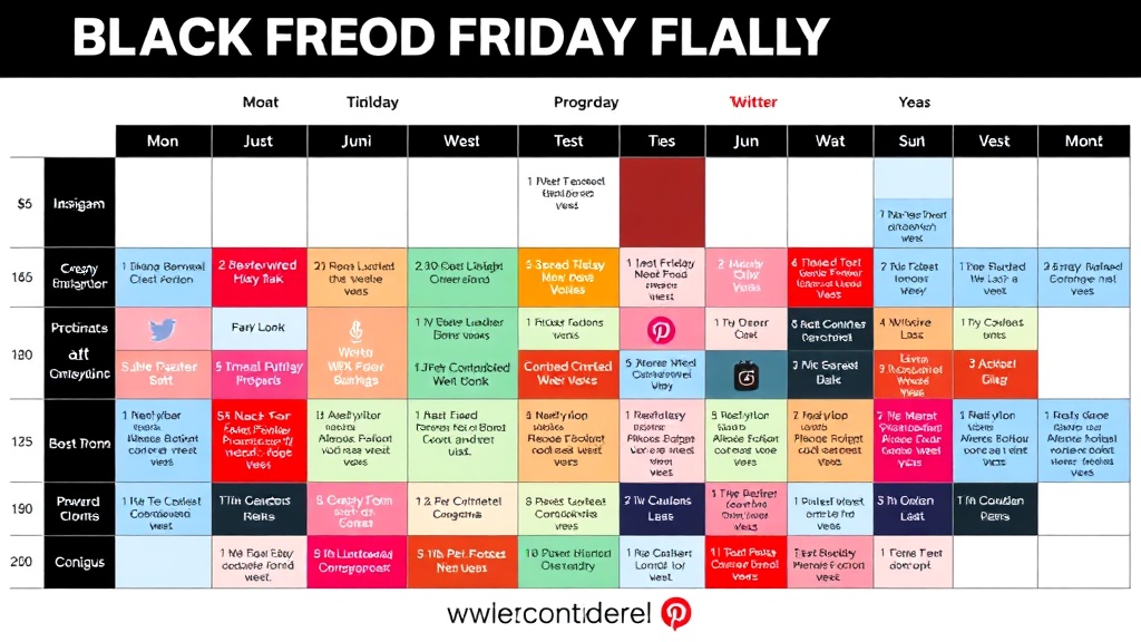 A detailed, color‑coded calendar grid with icons for Instagram, Facebook, Twitter, TikTok, and Pinterest, each cell labeled with a different content type, illustrating a coordinated Black Friday social media plan