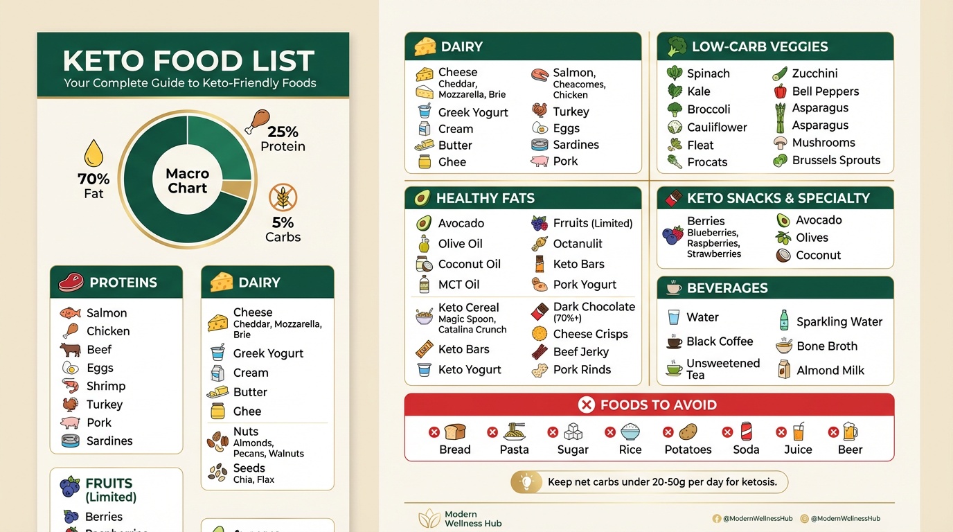 Keto food list with avocados, eggs, salmon, nuts, and leafy greens arranged on a table for meal planning