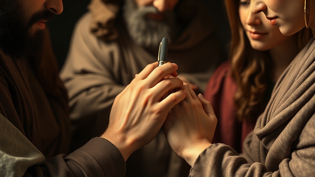 Renaissance-style depiction of hands guiding another hand with a silicone grip