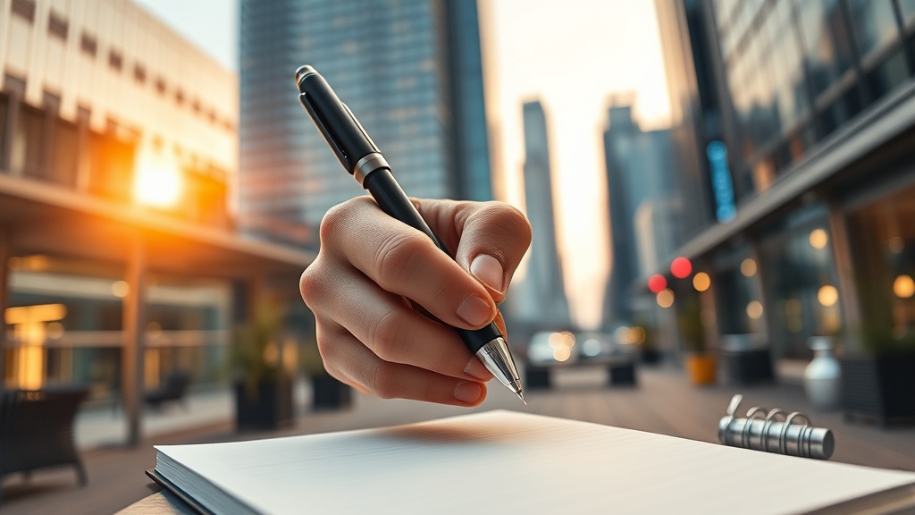 Modern cinematic close-up of a hand holding a pen with an ergonomic silicone grip in an urban setting