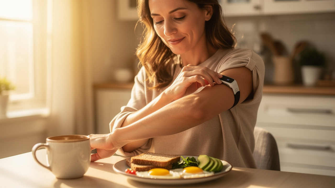 Woman monitoring blood glucose levels during healthy breakfast
