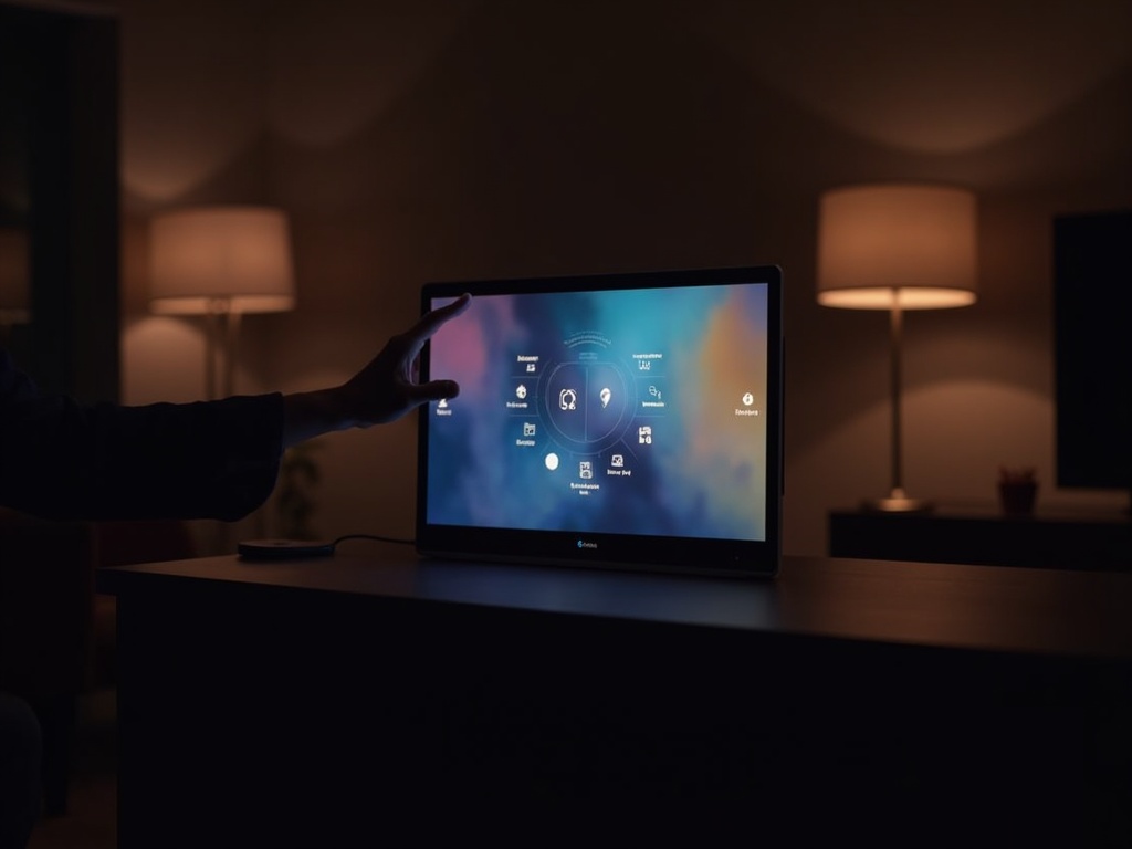Echo Show 5 en una mesita de noche moderna, mostrando el amanecer.