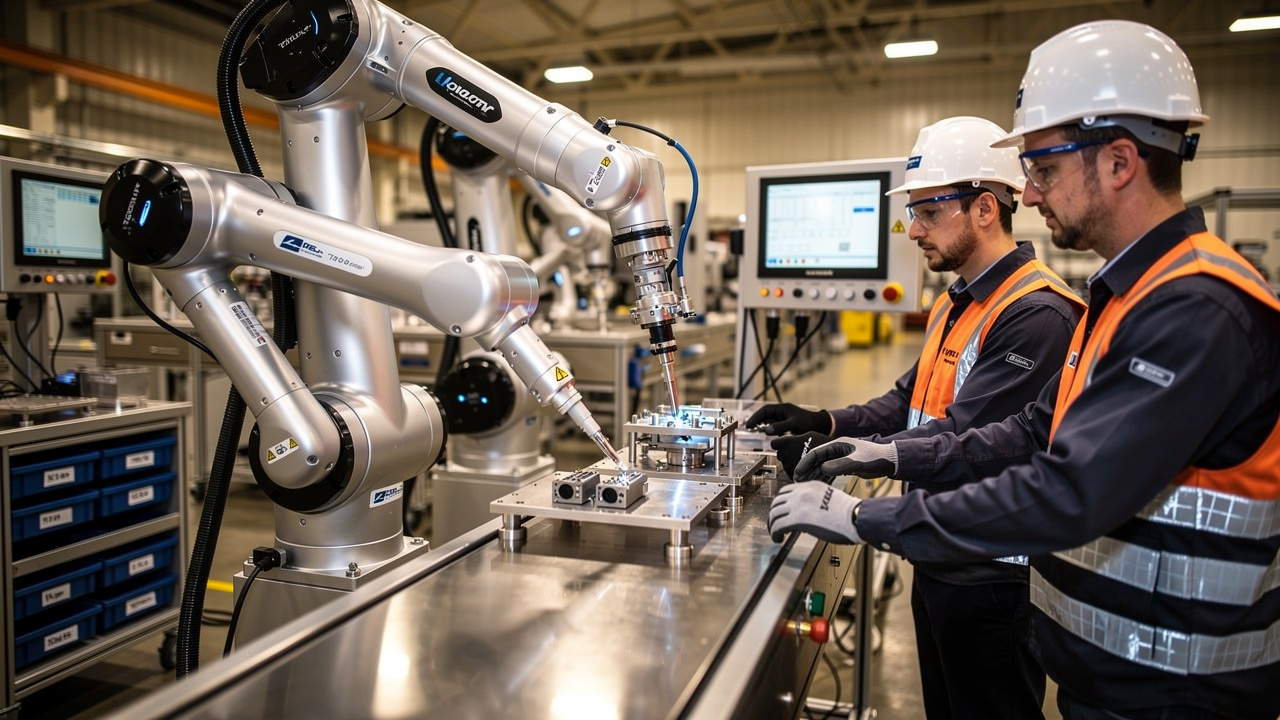 Robots and humans working together in modern factory