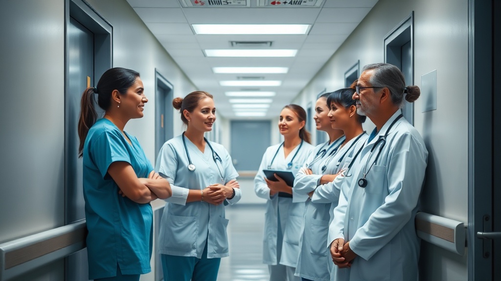 Calm hospital corridor with a diverse team of nurses and physicians engaging in a supportive conversation