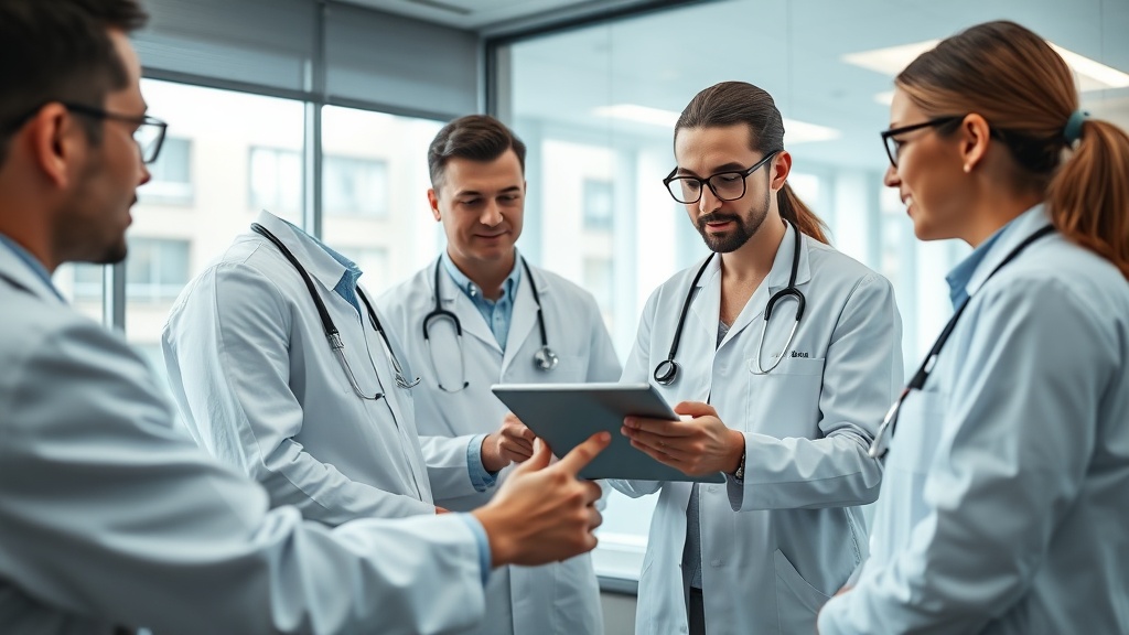 Modern clinical team using a tablet to review patient data in a collaborative meeting room