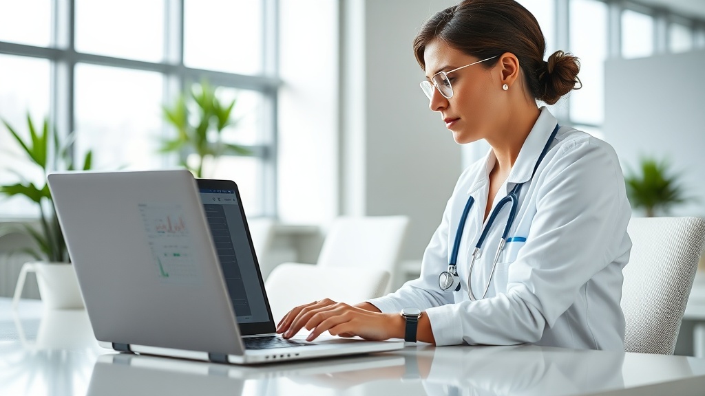 Modern office setting with a healthcare administrator reviewing a digital scheduling dashboard