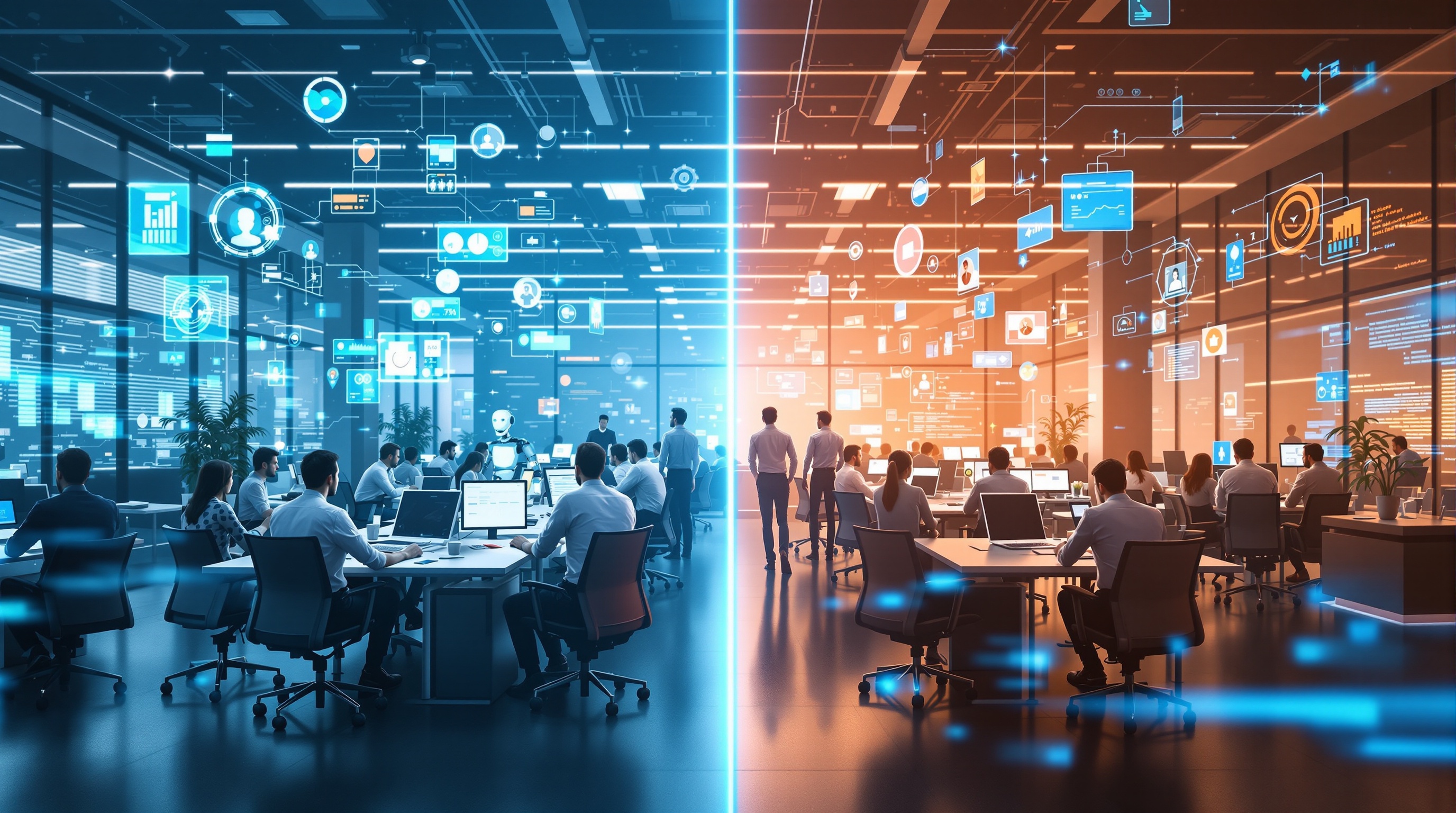 Hyper-realistic digital illustration showing human workers and robotic assistants in a modern open office symbolizing job segmentation between humans and AI