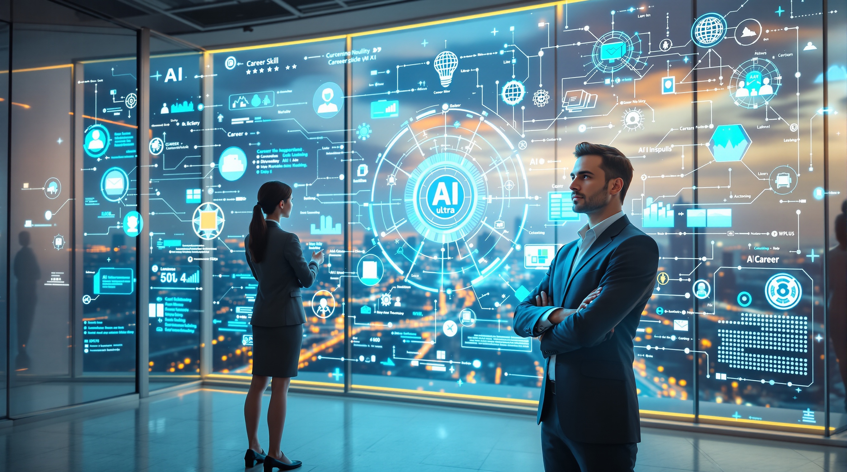 Futuristic concept art of a professional standing confidently before a transparent digital interface showcasing AI career skills and learning visualization