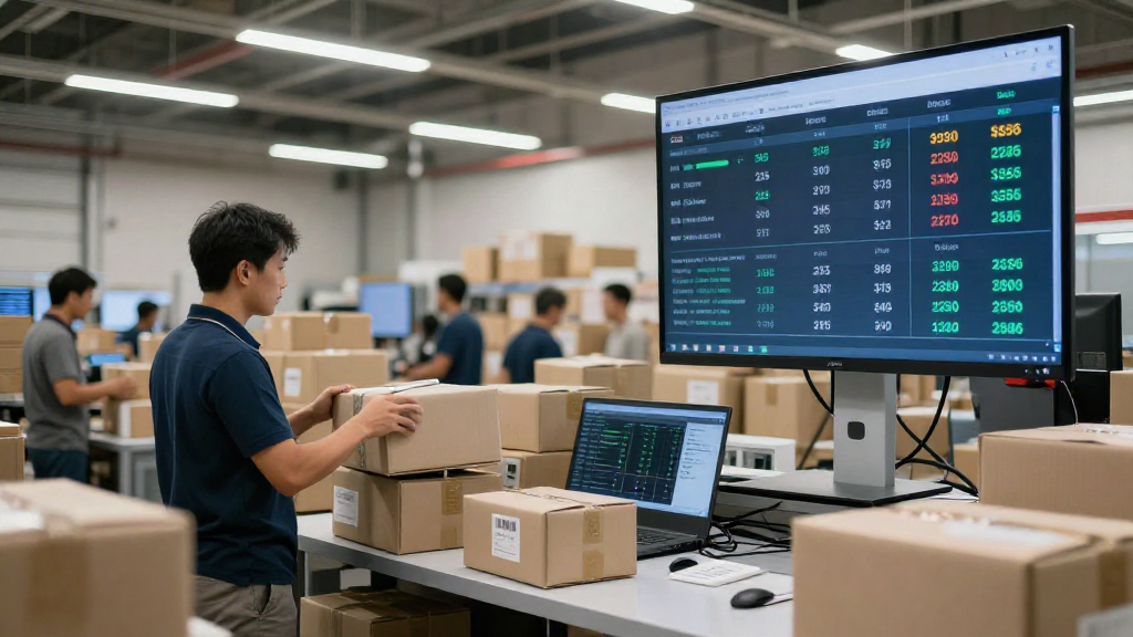 A high‑resolution photo of a bustling e‑commerce warehouse with bright lighting, workers scanning packages, and a digital screen displaying real‑time sales metrics