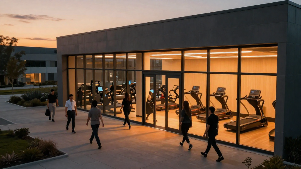 Aerial shot of a bustling corporate campus at sunset, with employees walking into a state‑of‑the‑art fitness center
