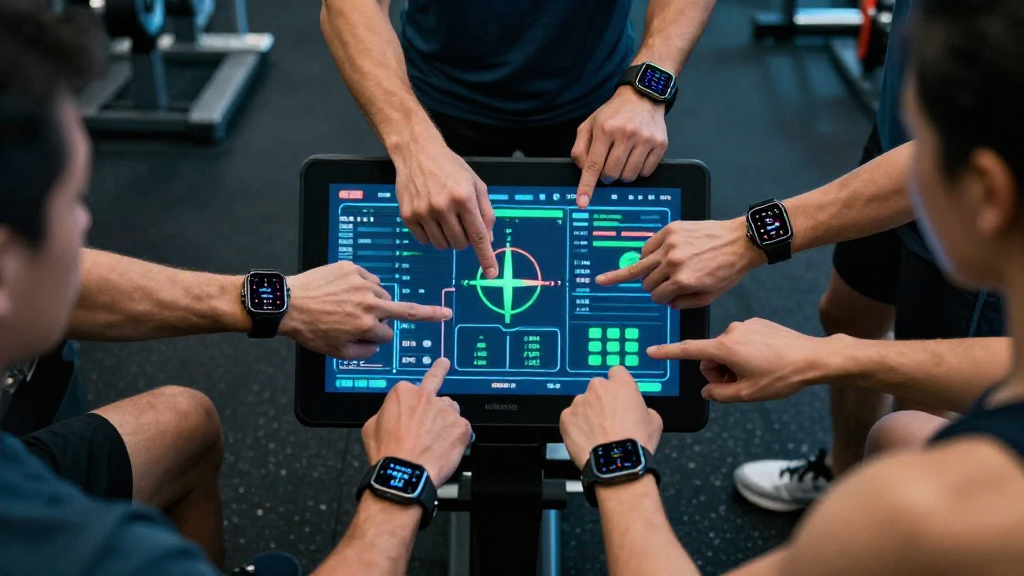 Close‑up overhead shot of a team of athletes in a high‑tech gym, each wearing smartwatches that sync to a central dashboard