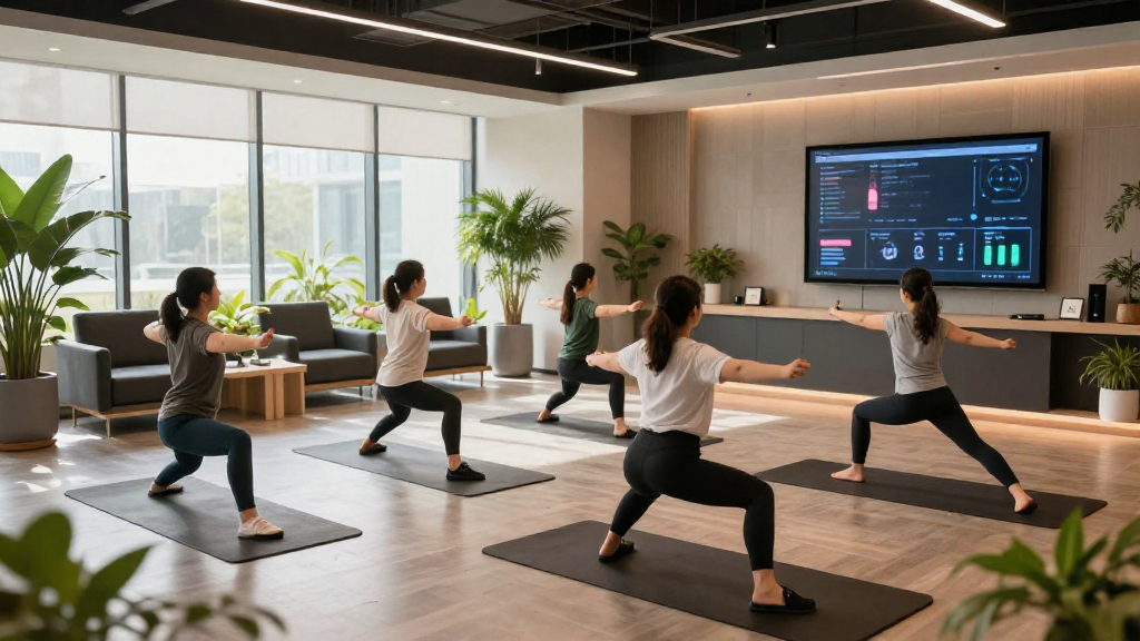 Wide‑angle shot of a modern corporate wellness lounge with employees engaging in a live AI‑guided workout session