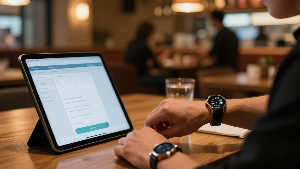 A close‑up of a staff member’s wristwatch showing a notification of a shift change, a tablet displaying a scheduling app’s push alert.