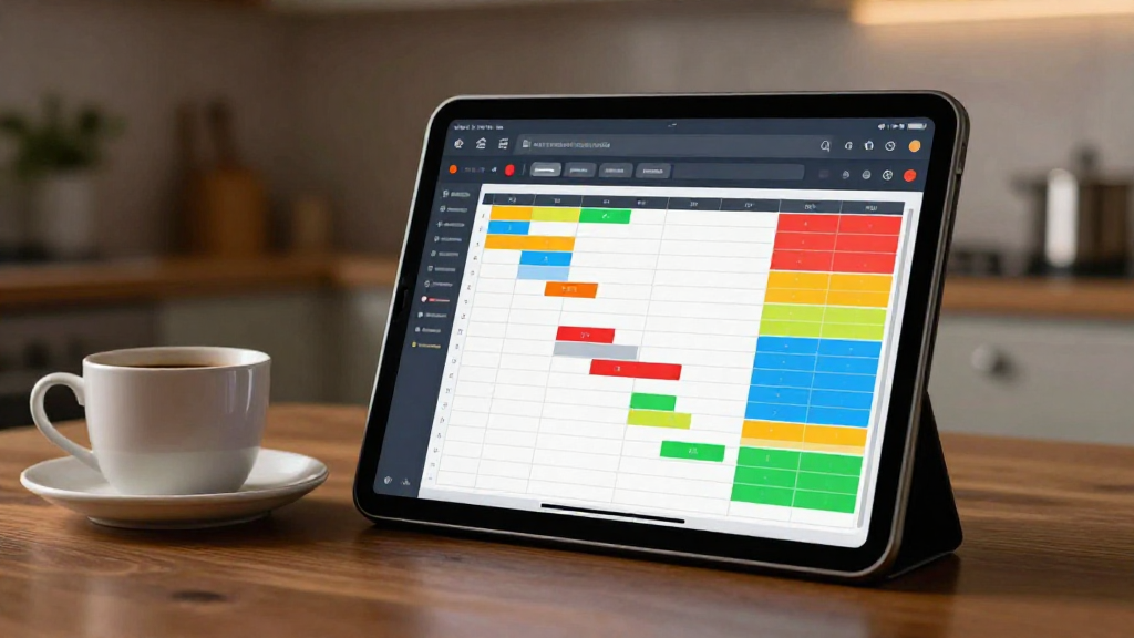 A sleek tablet screen displaying a dynamic scheduling dashboard, colorful bars representing shift assignments.