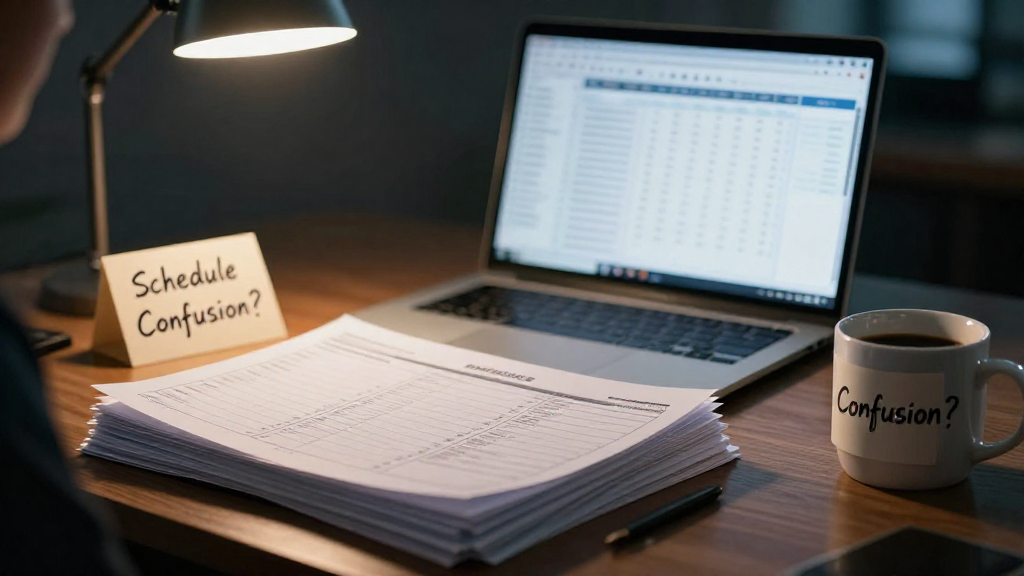 A cluttered manager’s desk with a stack of printed schedules, a laptop screen showing a chaotic spreadsheet.