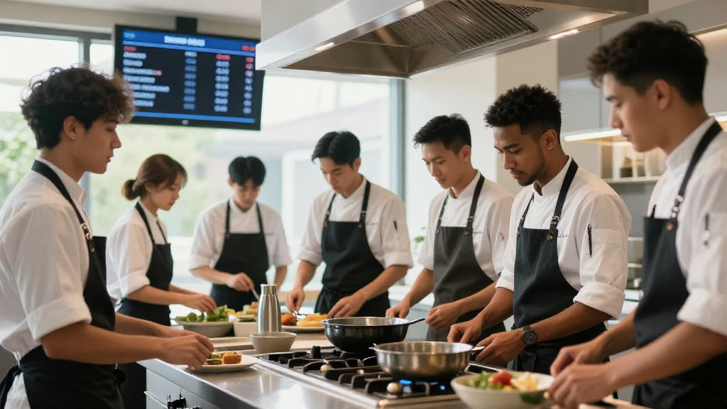 A bright, open kitchen with chefs of diverse backgrounds wearing matching aprons, a digital screen above the stove displaying shift assignments.