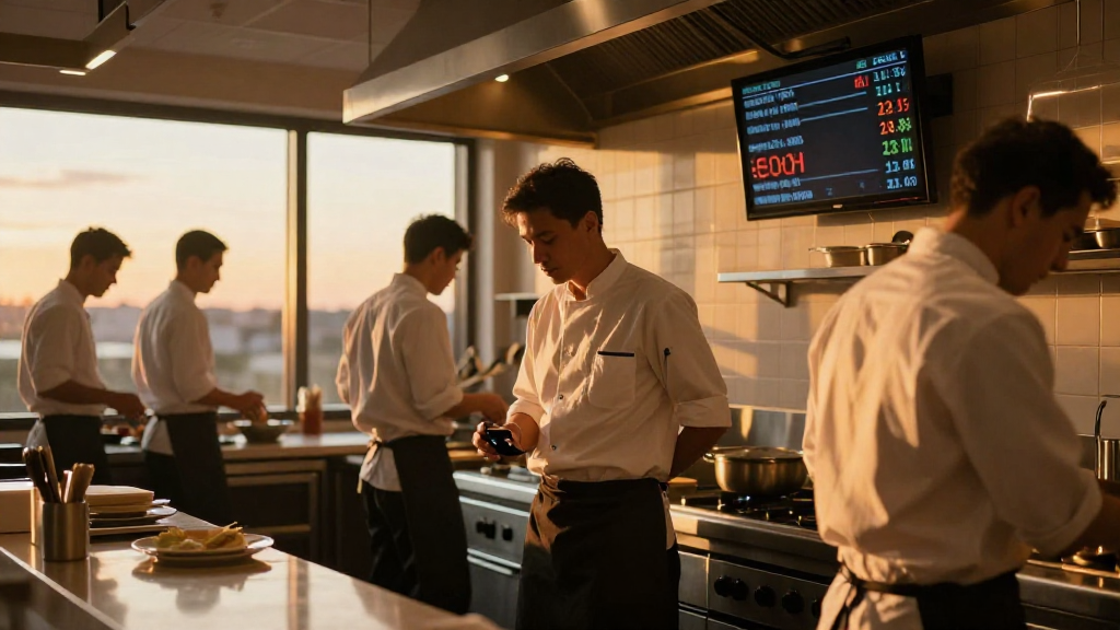 A bustling restaurant kitchen at sunset, chefs in crisp uniforms moving in sync, a digital display on the wall showing real‑time staff shifts.
