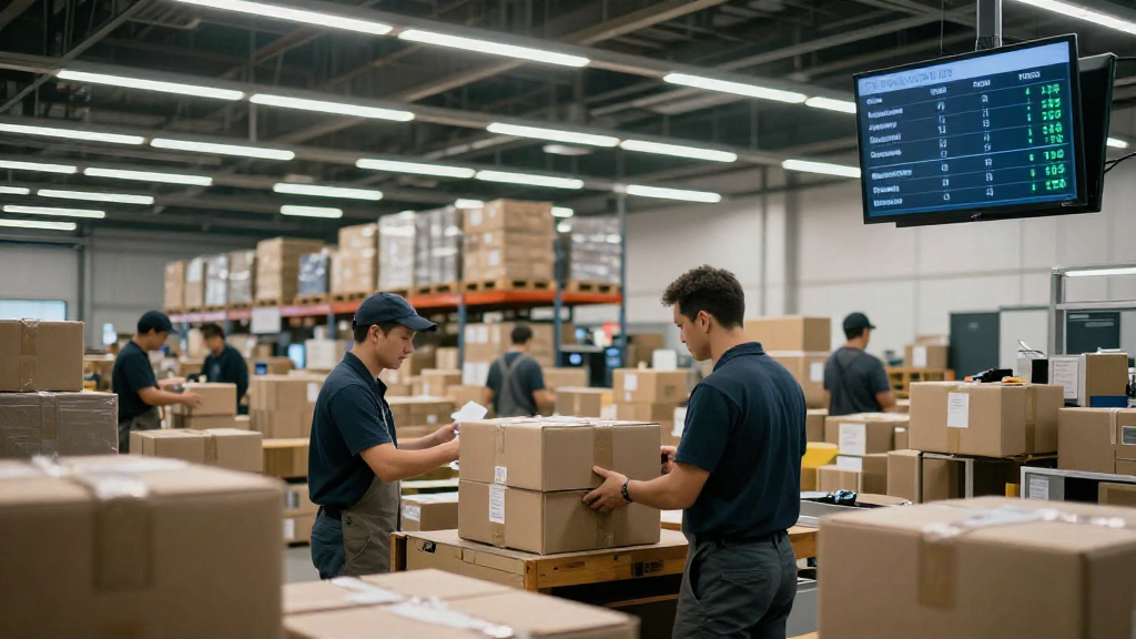 Warehouse with workers sorting packages and a digital return‑metrics display