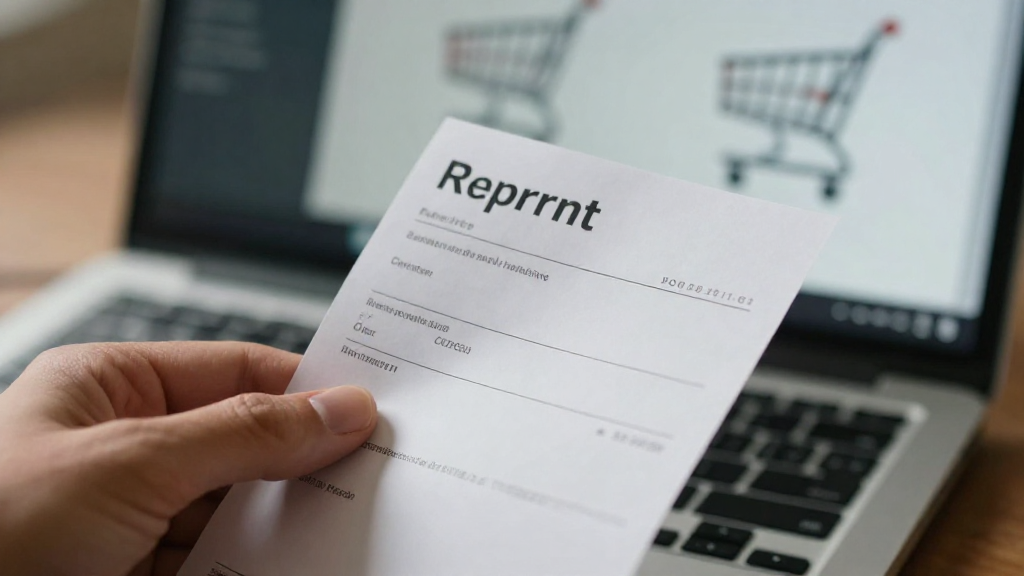 Hand holding a printed return label with a laptop background