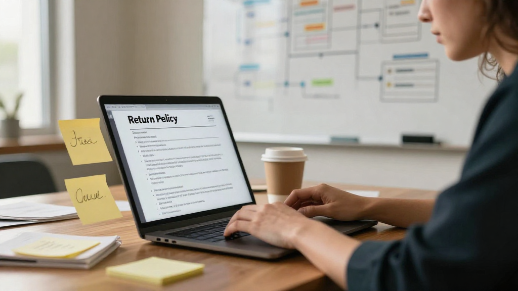 Designer drafting a return policy on a laptop surrounded by sticky notes and coffee