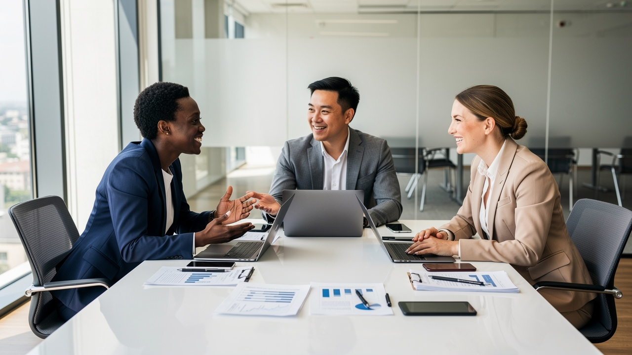 Business team collaborating on software solutions