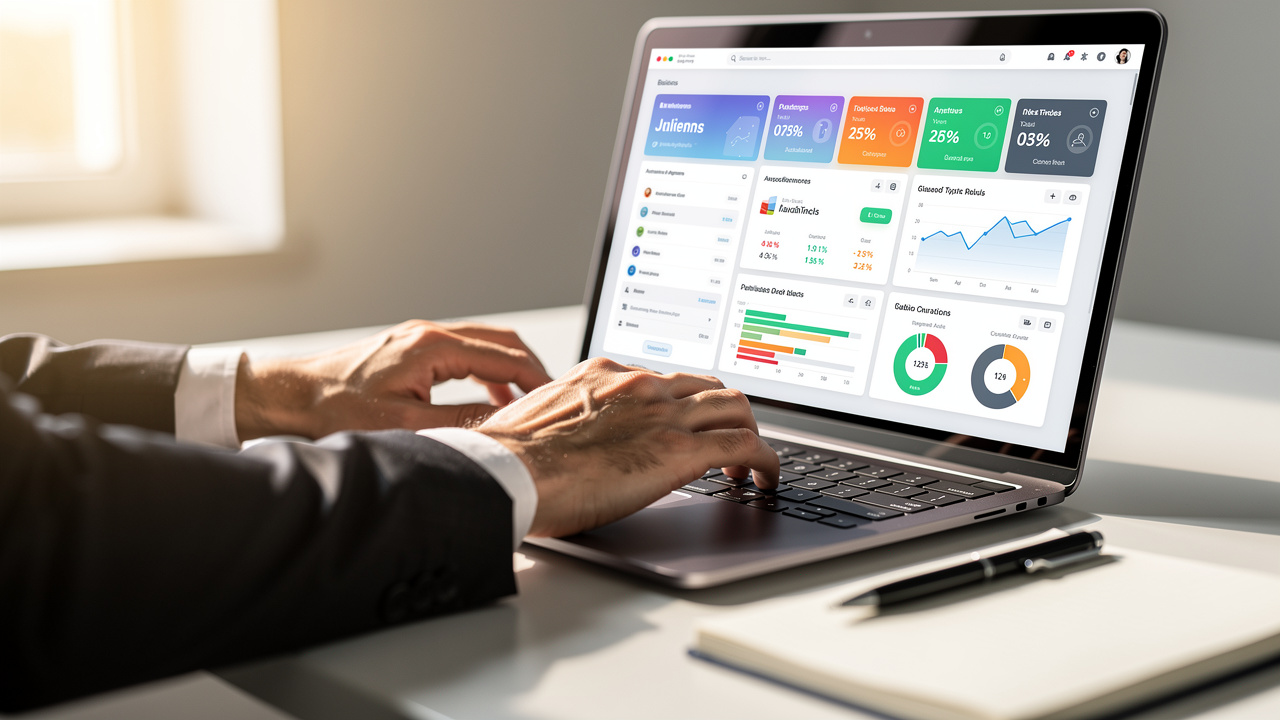 Professional evaluating software options on laptop