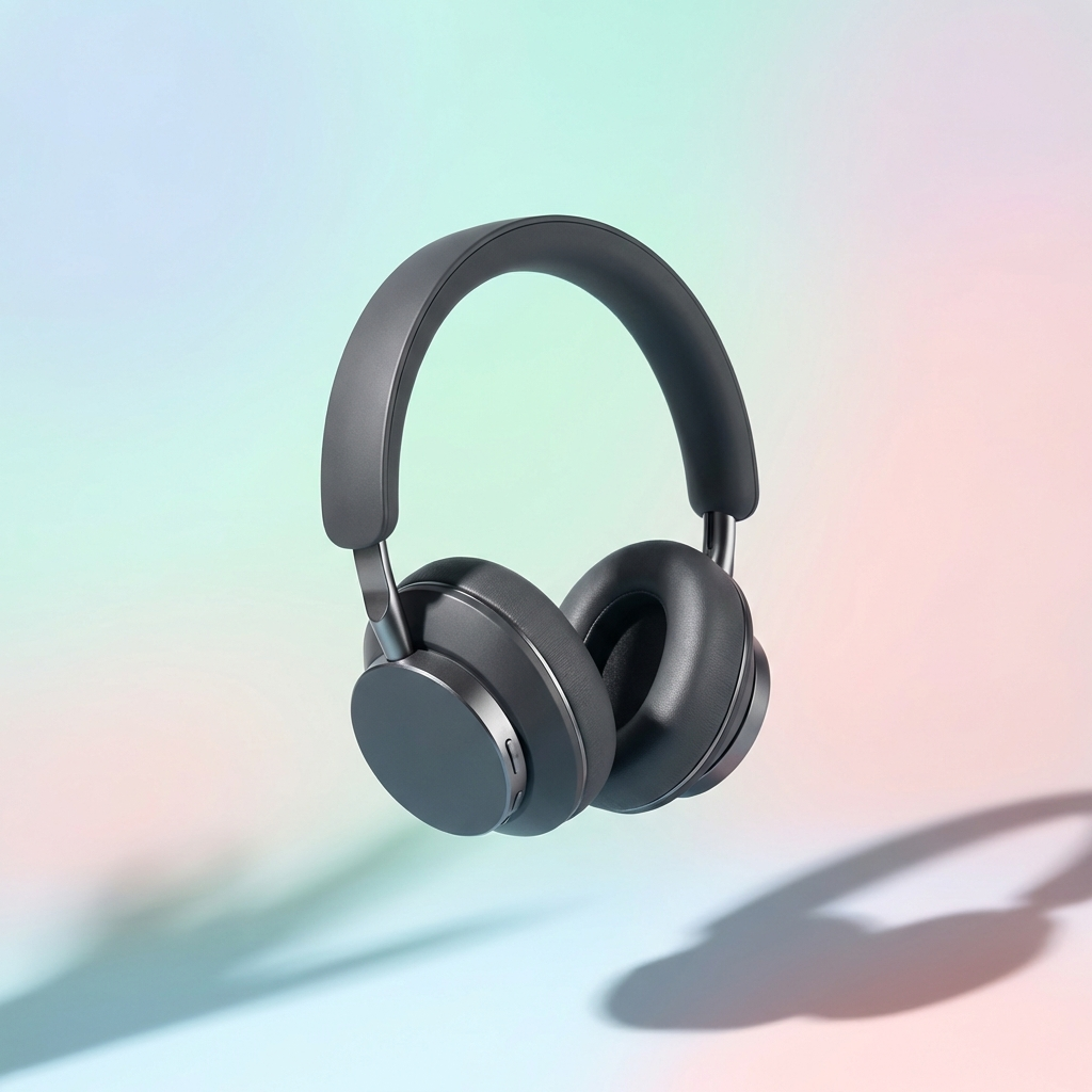 Modern tech product photography of wireless headphones with dynamic lighting
