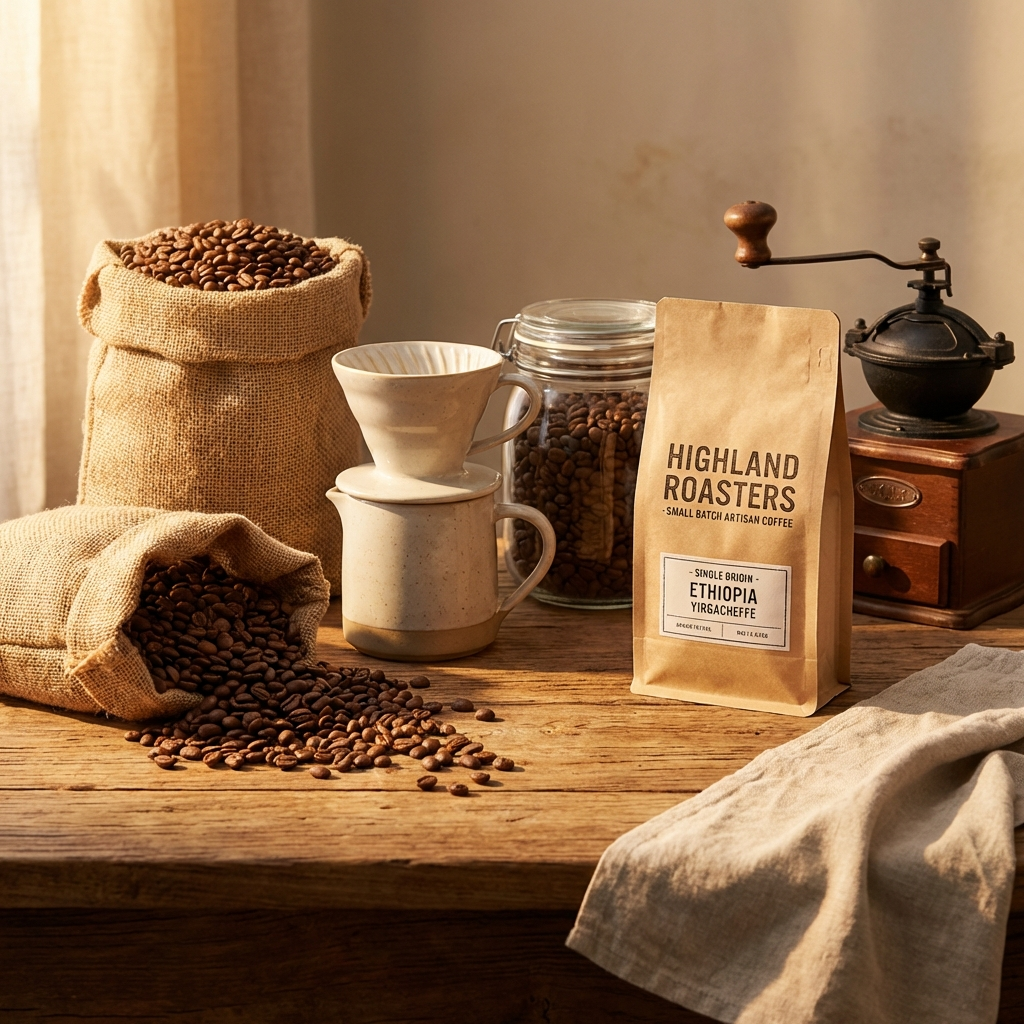 Premium food product photography of artisan coffee packaging with warm lighting