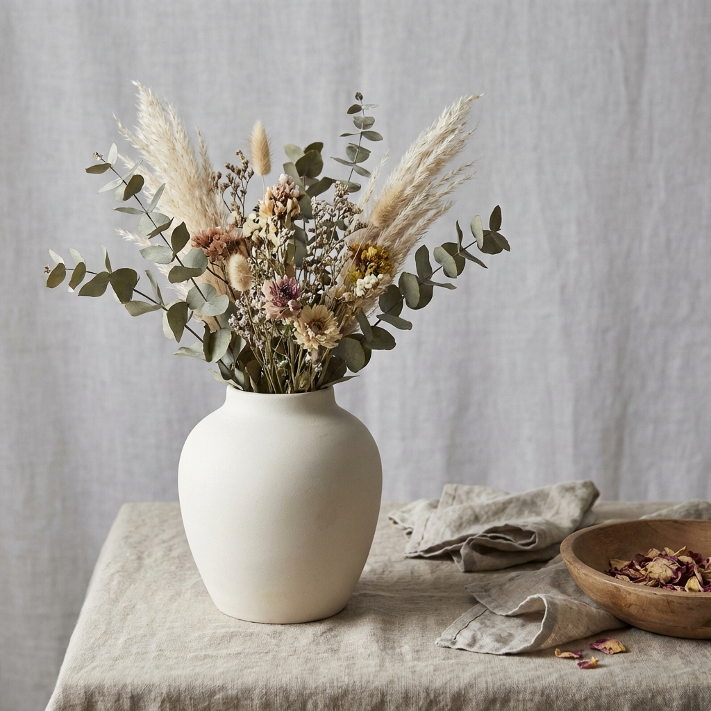 Lifestyle product photography of minimalist ceramic vase for home decor ecommerce