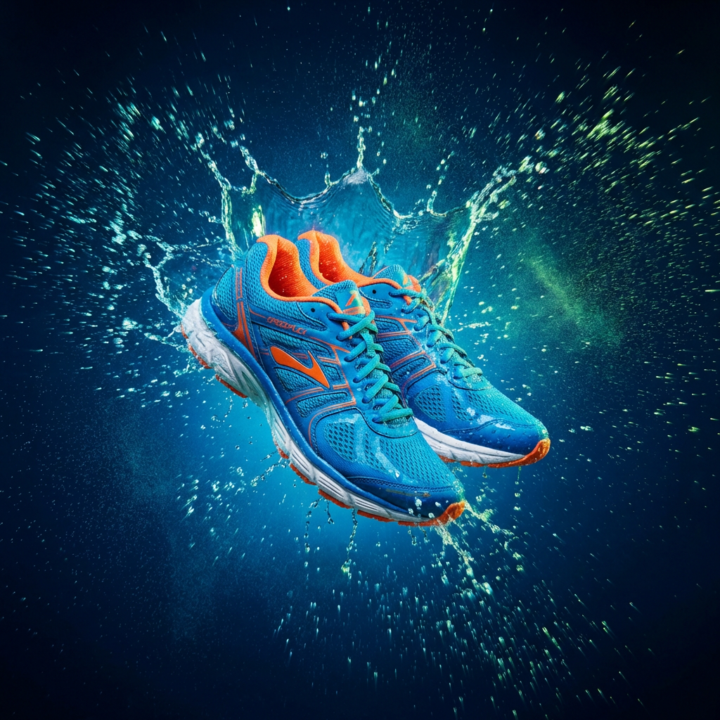 Dynamic sports product photography of athletic running shoes for online store